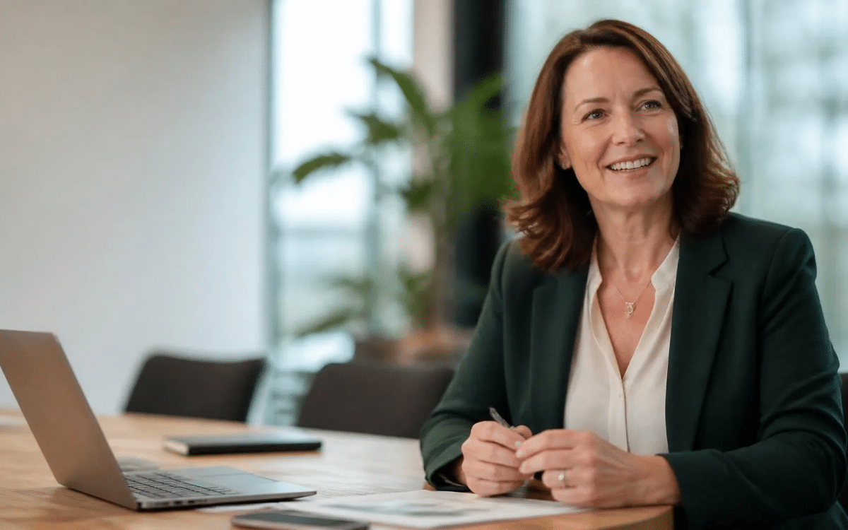 Company director at her desk reviewing figures ahead of the 31 October pension contribution deadline in Ireland.