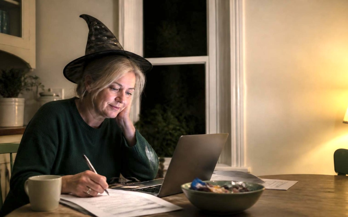 Self-employed woman working at her kitchen table late at night in a Halloween witch hat, filling in a tax form beside a bowl of sweets before the 31 October pension contribution deadline.