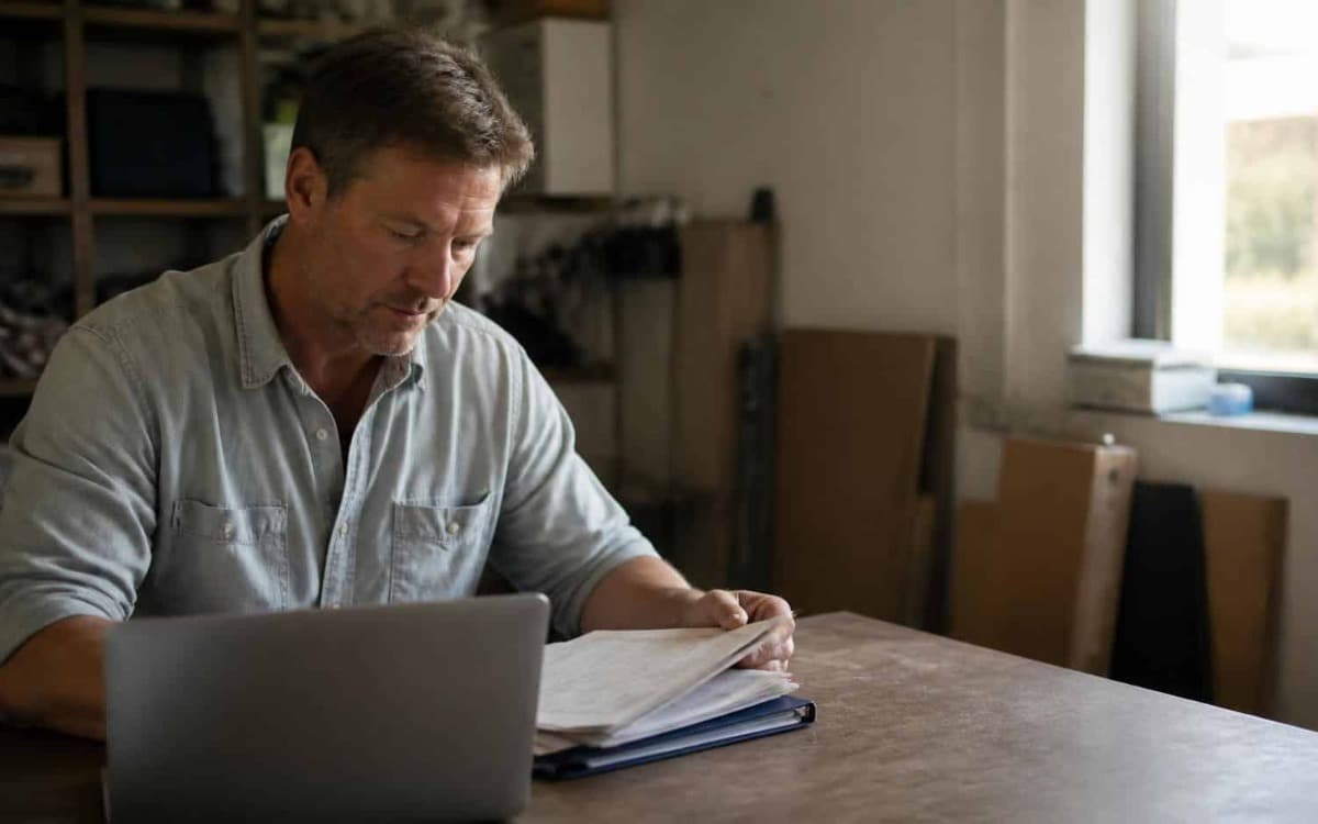 Self-employed man at a table with a laptop and a folder of paperwork, working through his figures before the 31 October tax deadline.